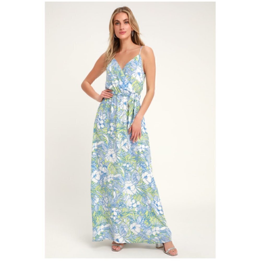 Lulu's Blue, White & Green Floral Maxi Dress